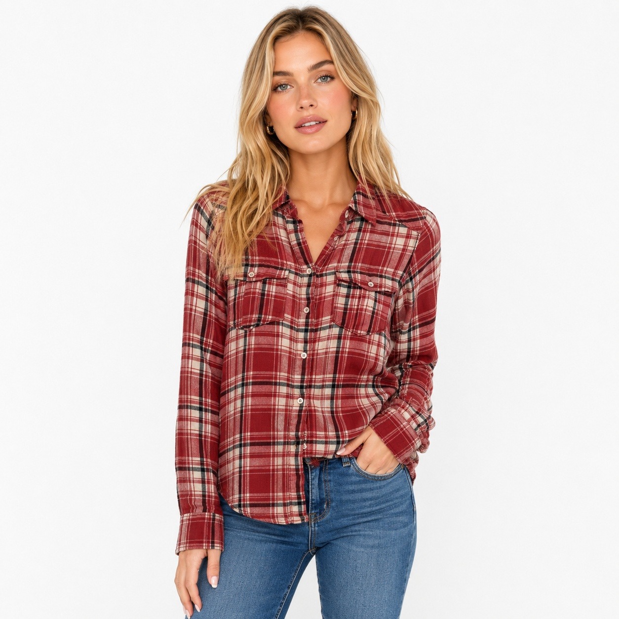 Paige Mya Red White Plaid Viscose Button Down Shirt Xs Long Sleeve Pocket